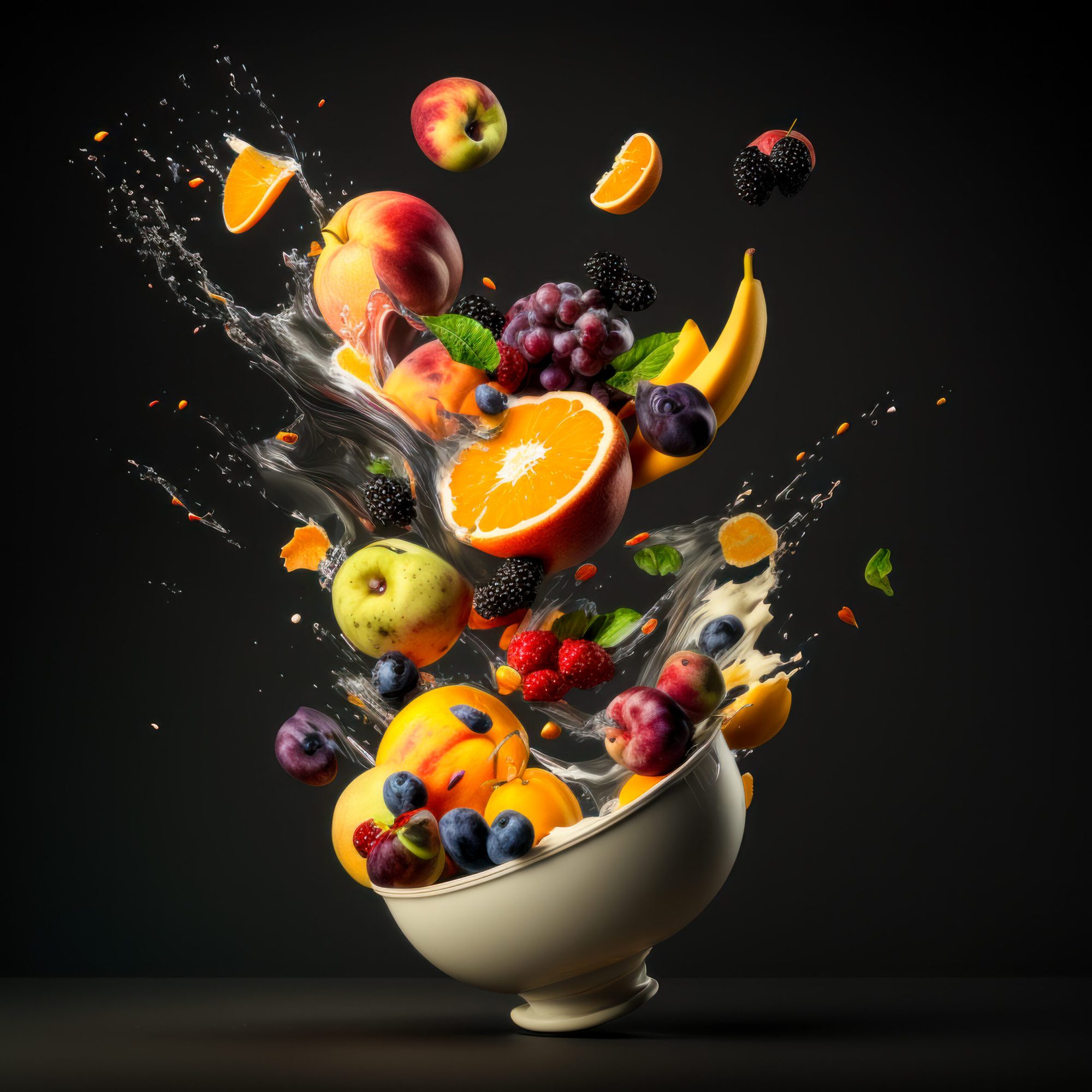 bowl filled with fruit and splashing water. Generative AI.